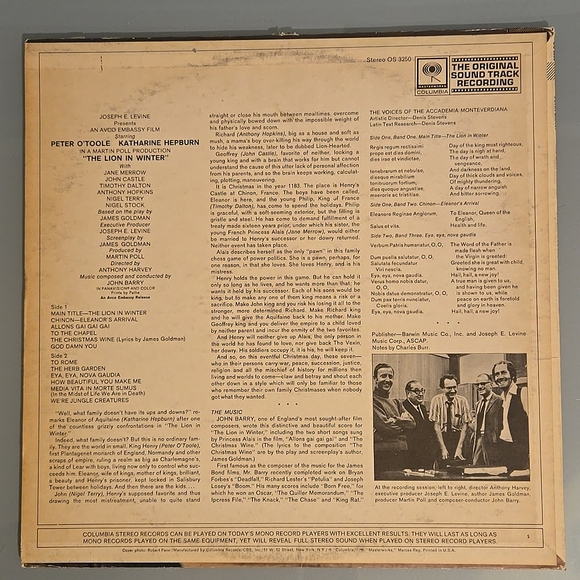 John Barry THE LION IN WINTER Original Soundtrack 1968 Columbia OS 3250 stereo - Picture 5 of 10